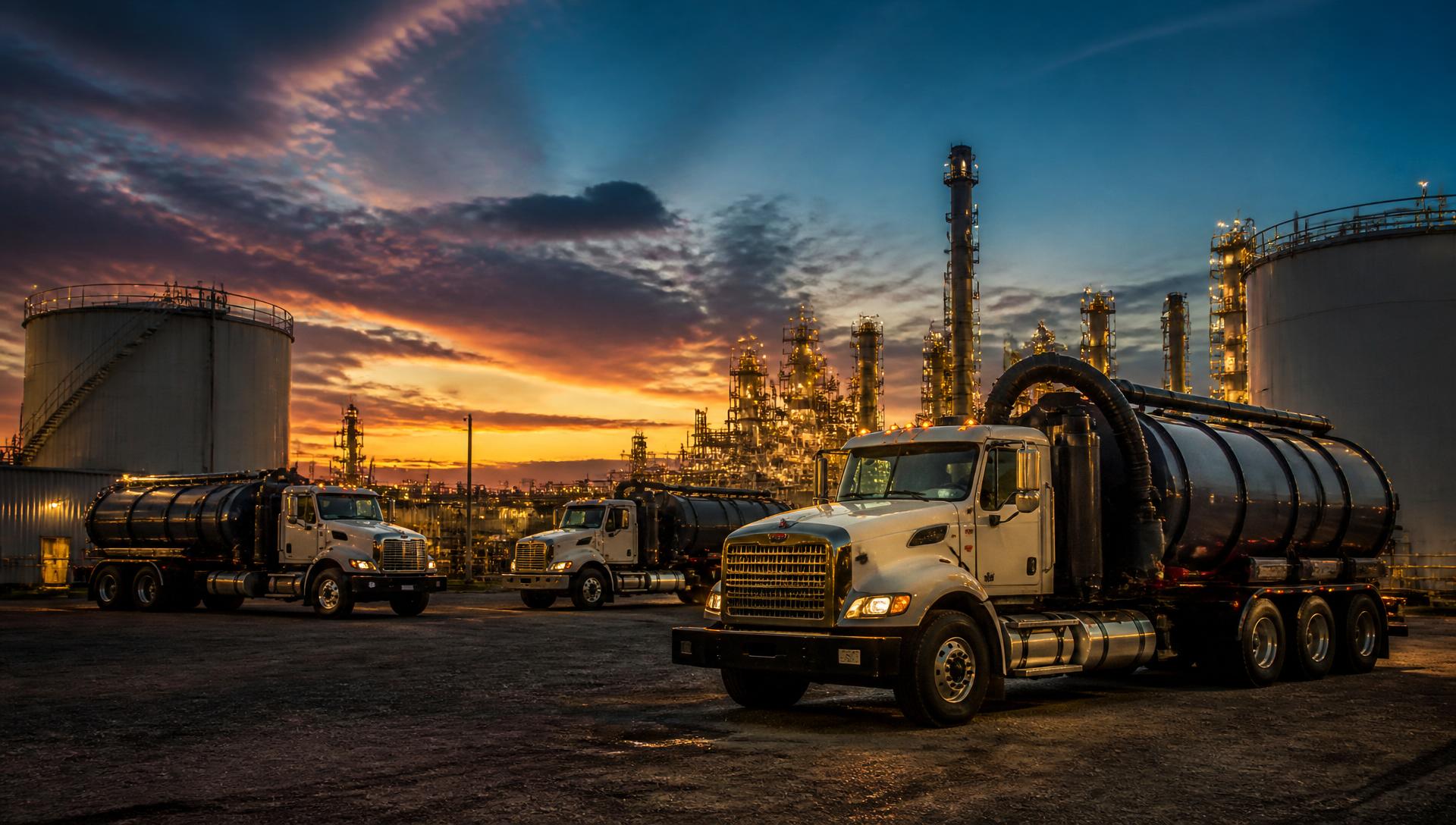 Vacuum trucks at a refinery during dusk